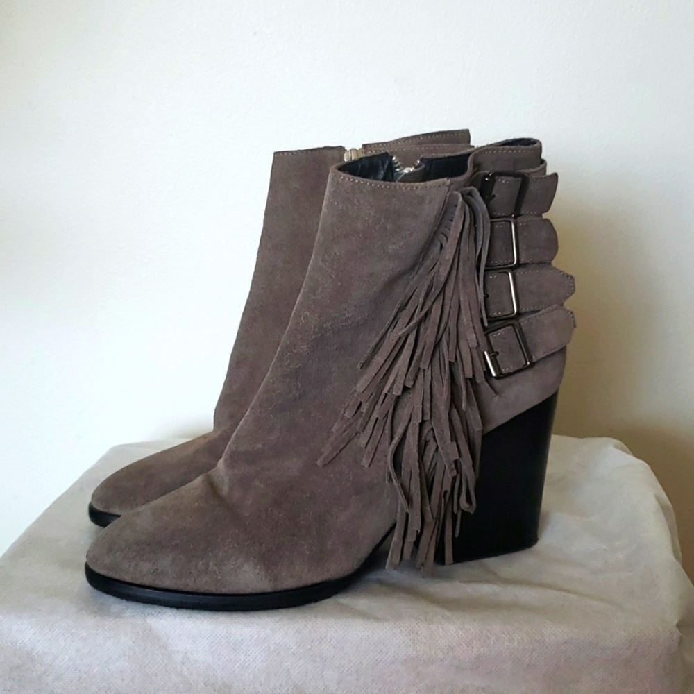 The Kooples fringe buckle genuine leather ankle booties, gray, women's 40
